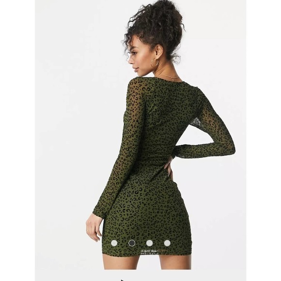 NaaNaa 1/2 Zip Front Green Bodycon Mini Animal Print Women 6 Mesh Dress - Picture 14 of 14